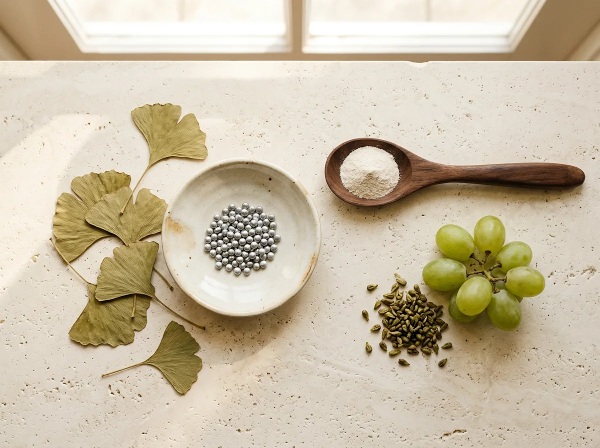 Naturliga ingredienser - ginkgo biloba, zink, magnesium och vindruvskärna för öronhälsa
